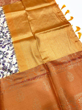 White Floral Printed Banarasi Silk Saree