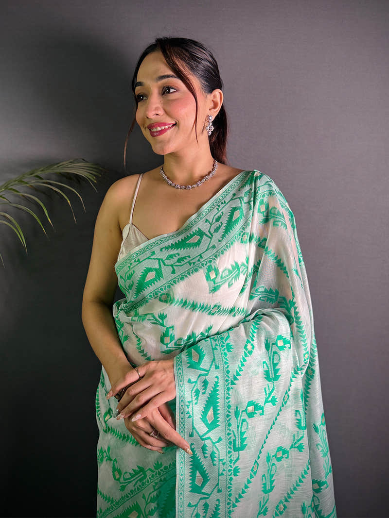 Ethereal Green Cotton Silk Dhakai Jamdani Saree