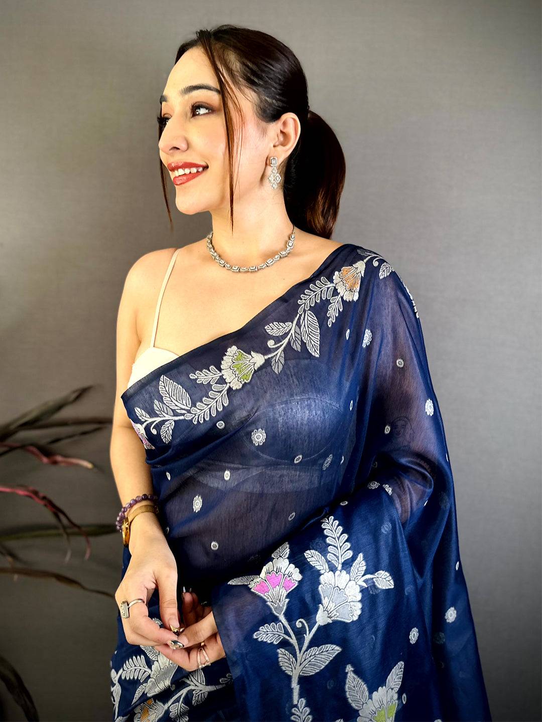 Classic Dark Shade Floral Katan Silk Saree