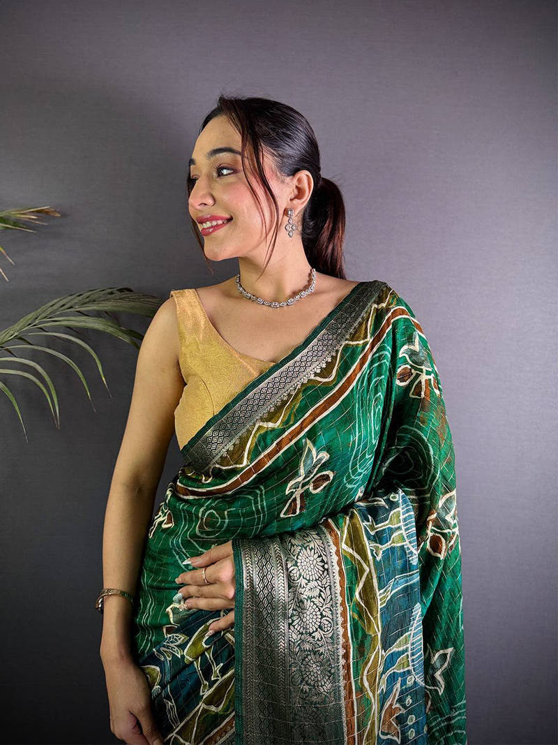 Green Pure Viscose Tribal Floral Print Saree