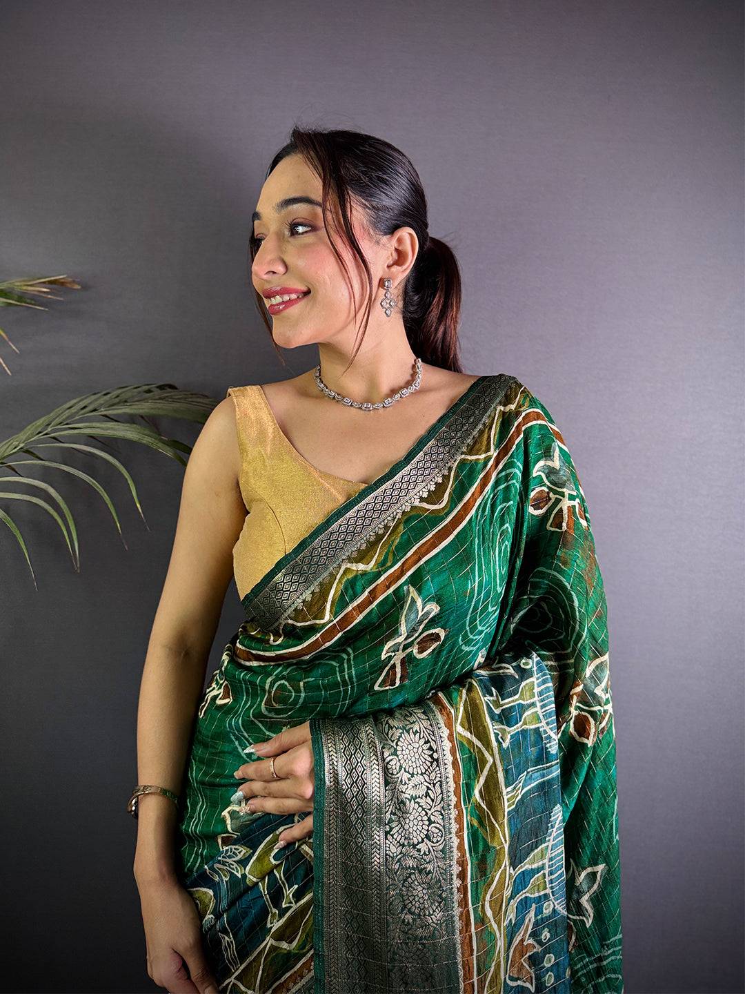 Green Pure Viscose Tribal Floral Print Saree