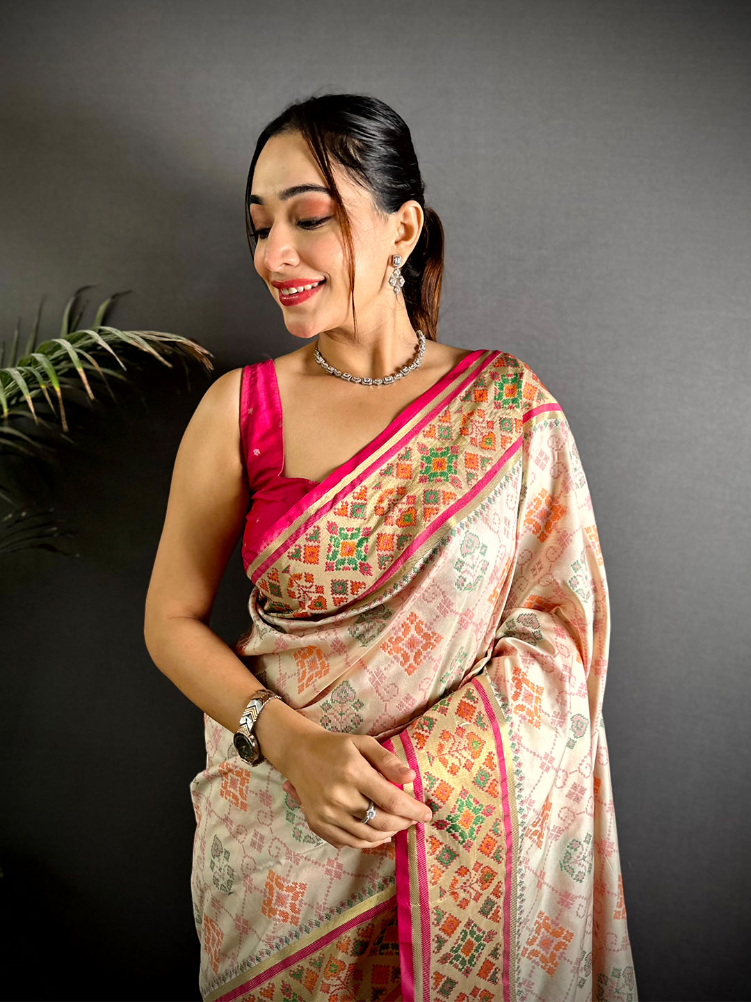 White Pochampally Patola Soft Silk Saree