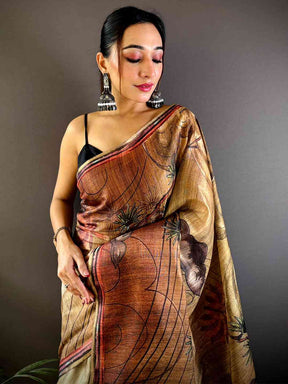 Brown Tissue Chanderi Floral Abstract Saree