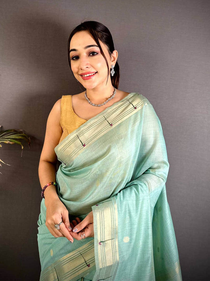 Sky Blue Minakari Grace Khadi Linen Saree