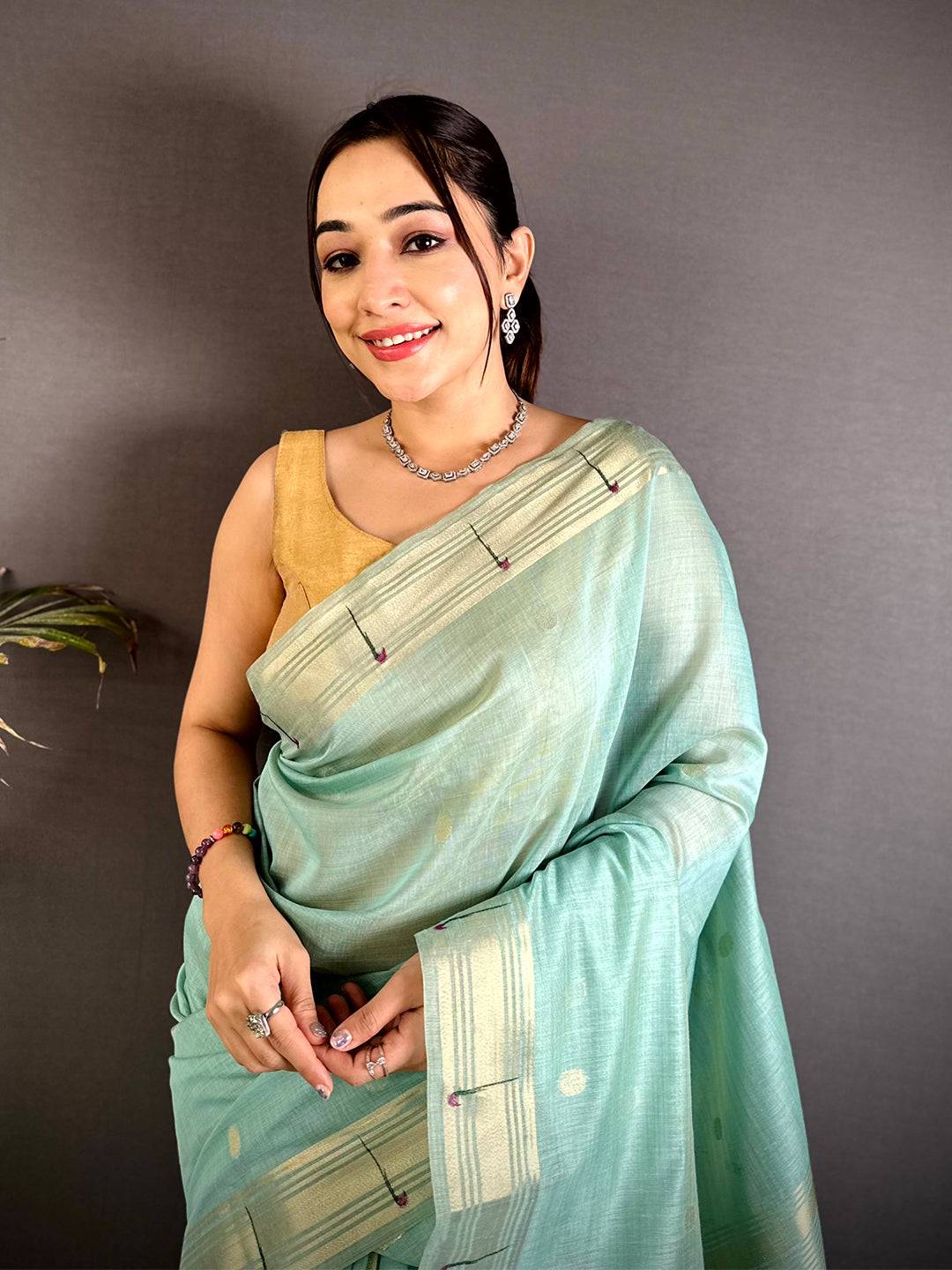 Sky Blue Minakari Grace Khadi Linen Saree


