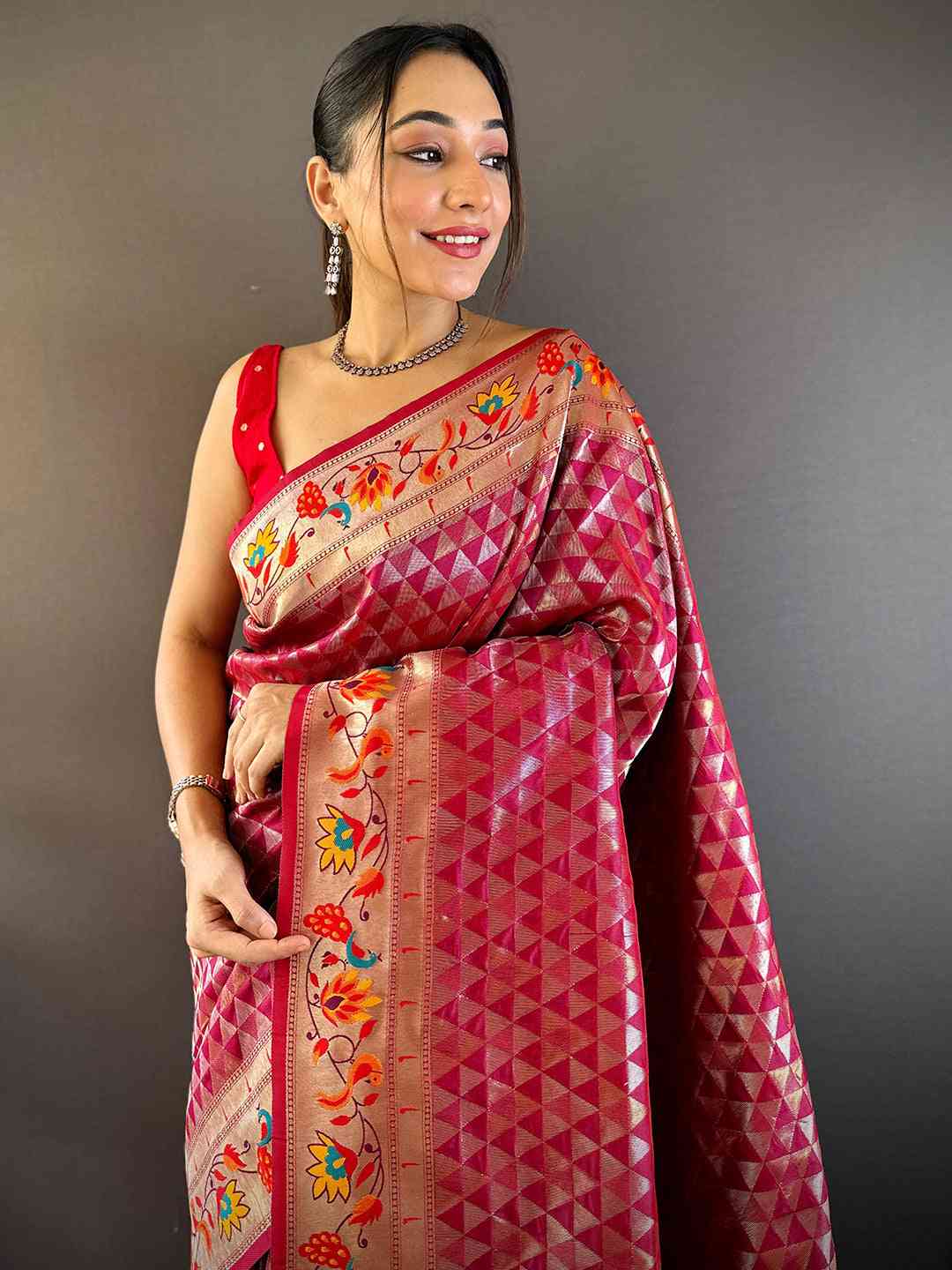 Maroon Silk Blend Woven Zari Work Paithani Saree


