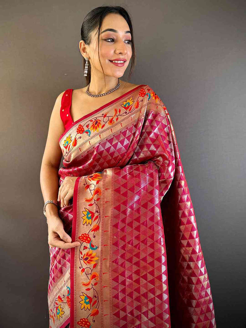 Maroon Silk Blend Woven Zari Work Paithani Saree

