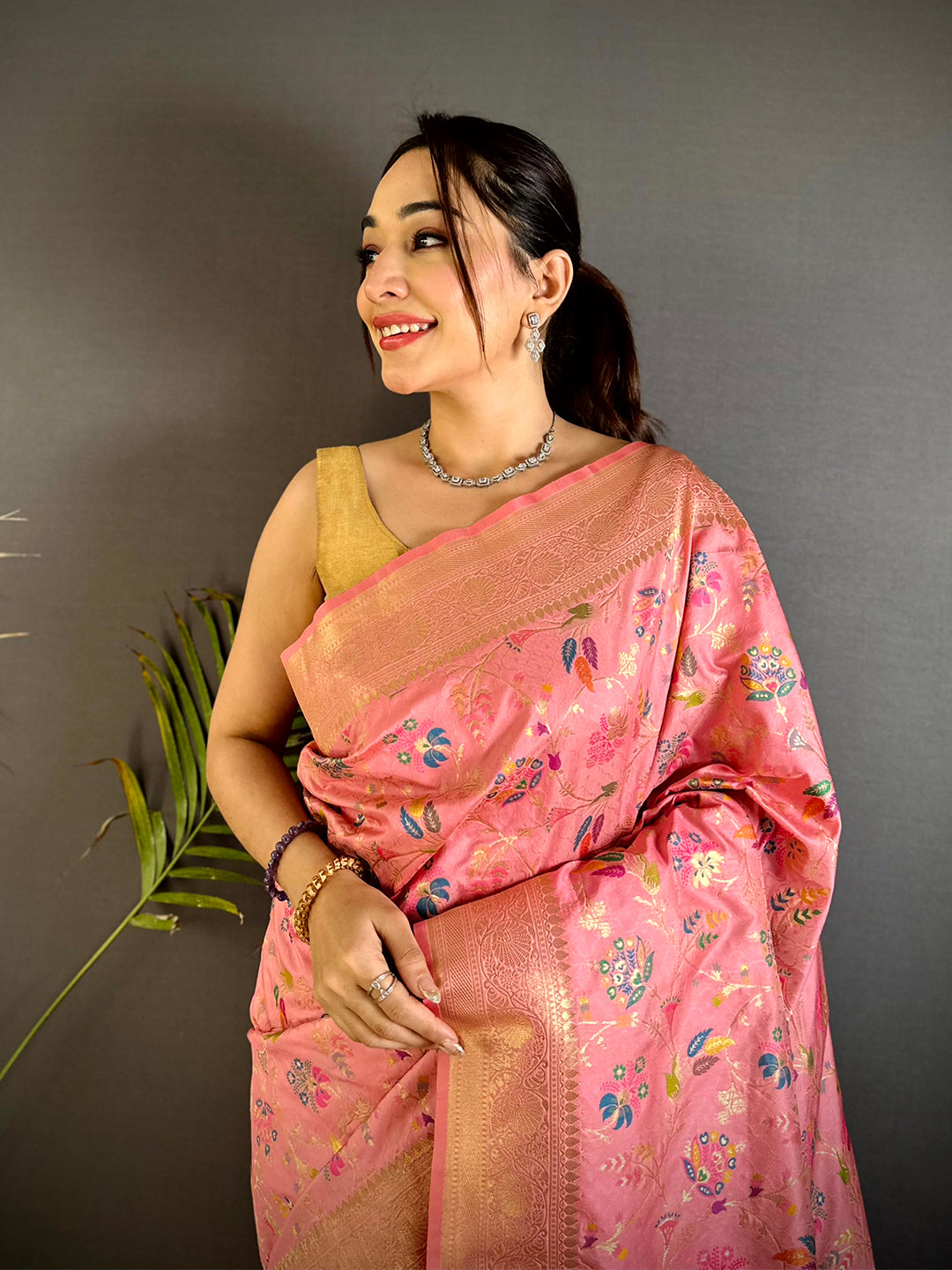 Pink Banarasi Minakari Floral Silk Saree