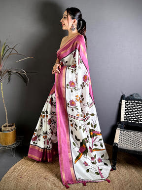 Pink Soft Dola Floral Print Gadwal Border Saree