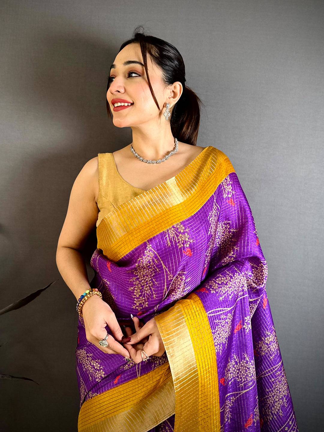 Purple Tussar Zari Chex Bird Motif Saree