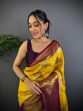 Yellow Dharmavaram Gold Birds Print Saree

