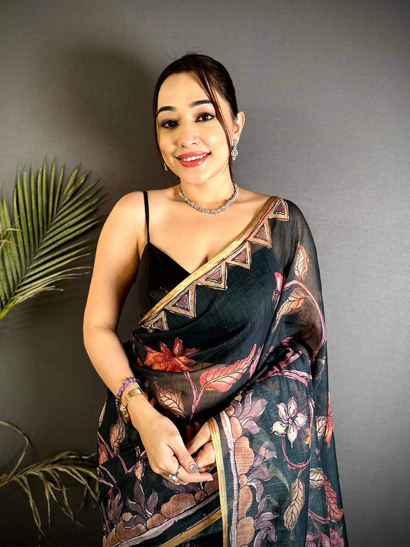Artistic Floral Hand Art Linen Saree