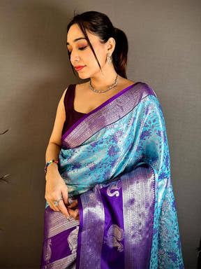 Sky Blue Dharmavaram Double Ikkat Saree
