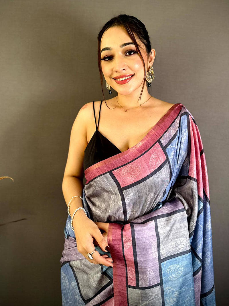 Multicolour Block Ghicha Print Tussar Saree
