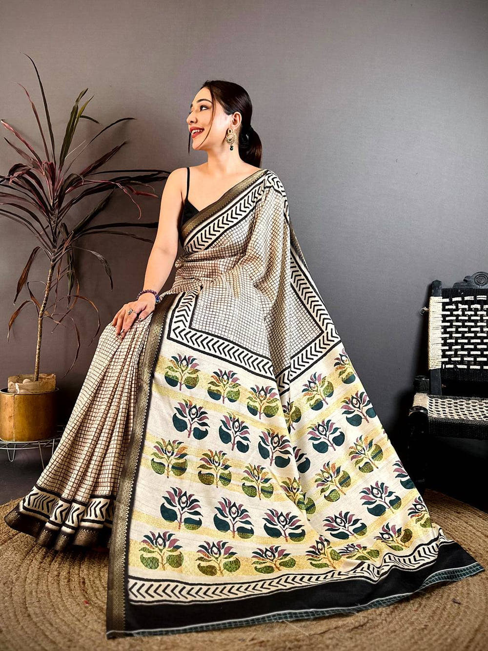 Classic Black Checks Soft Tussar Saree