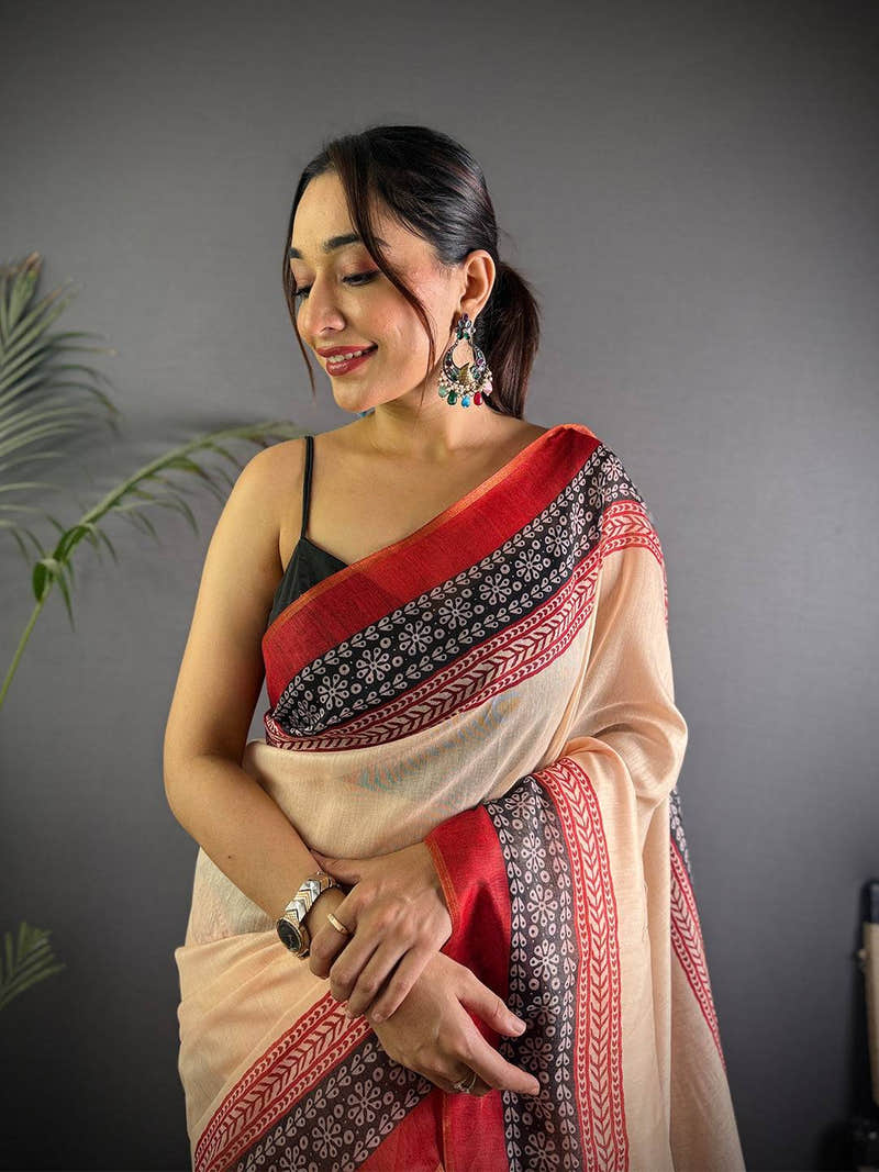 Cream Tissue Chanderi Ajrakh Printed Saree