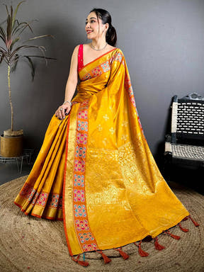 Stylish Banarasi Pattu Ikkat Minakari Zari Saree