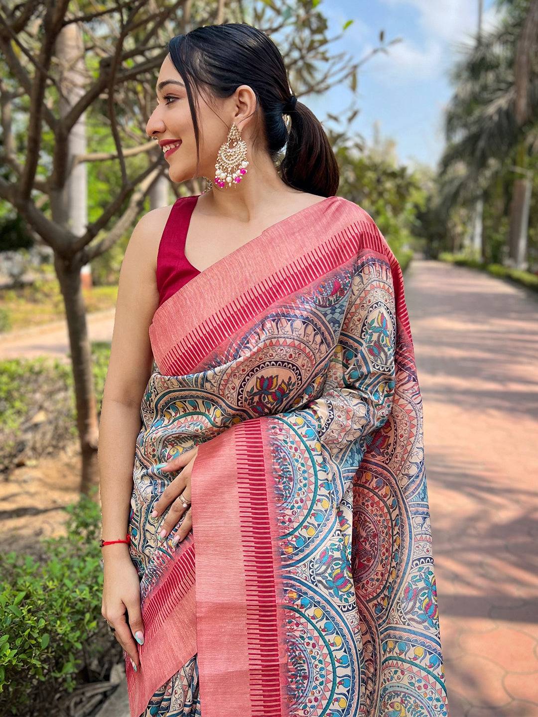Close-up of Madhubani Kalamkari Block Print Saree design