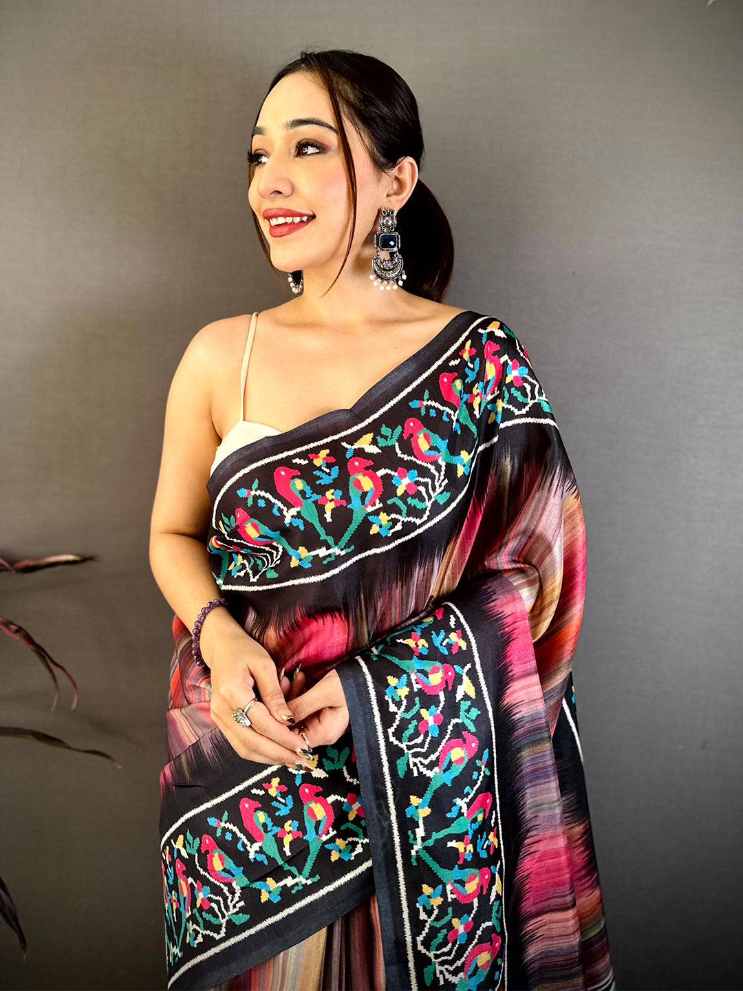 Regal Parrot Ikkat Print Tussar Saree