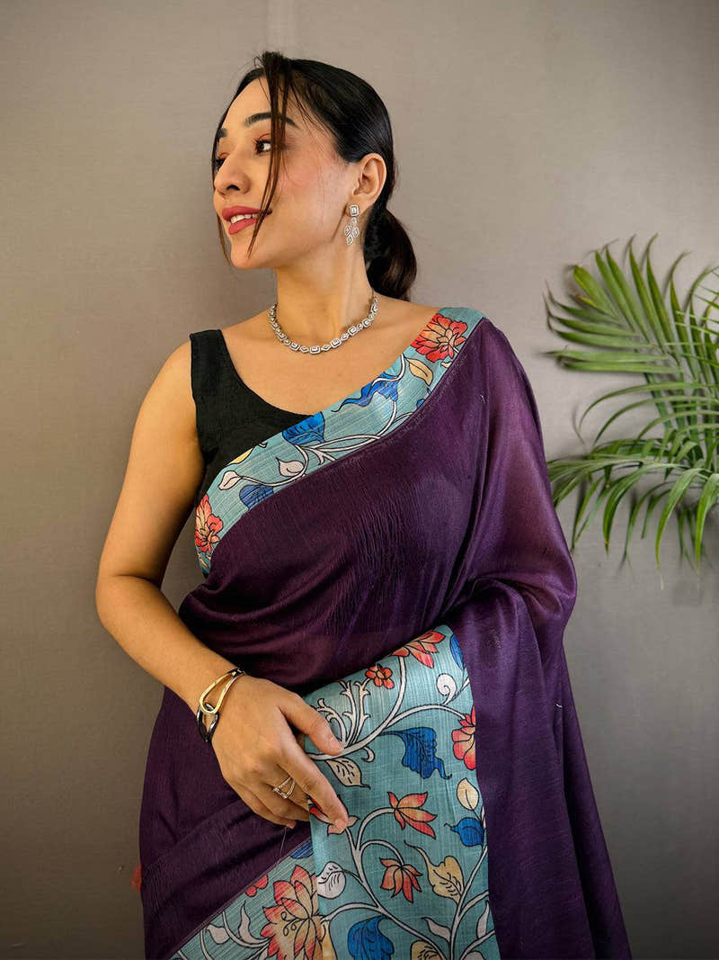 Purple Linen Kalamkari Print Saree