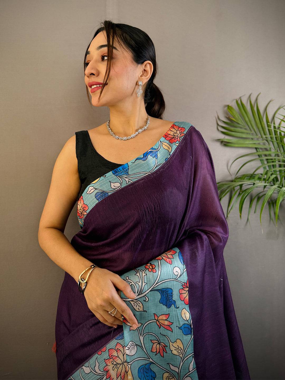 Purple Linen Kalamkari Print Saree