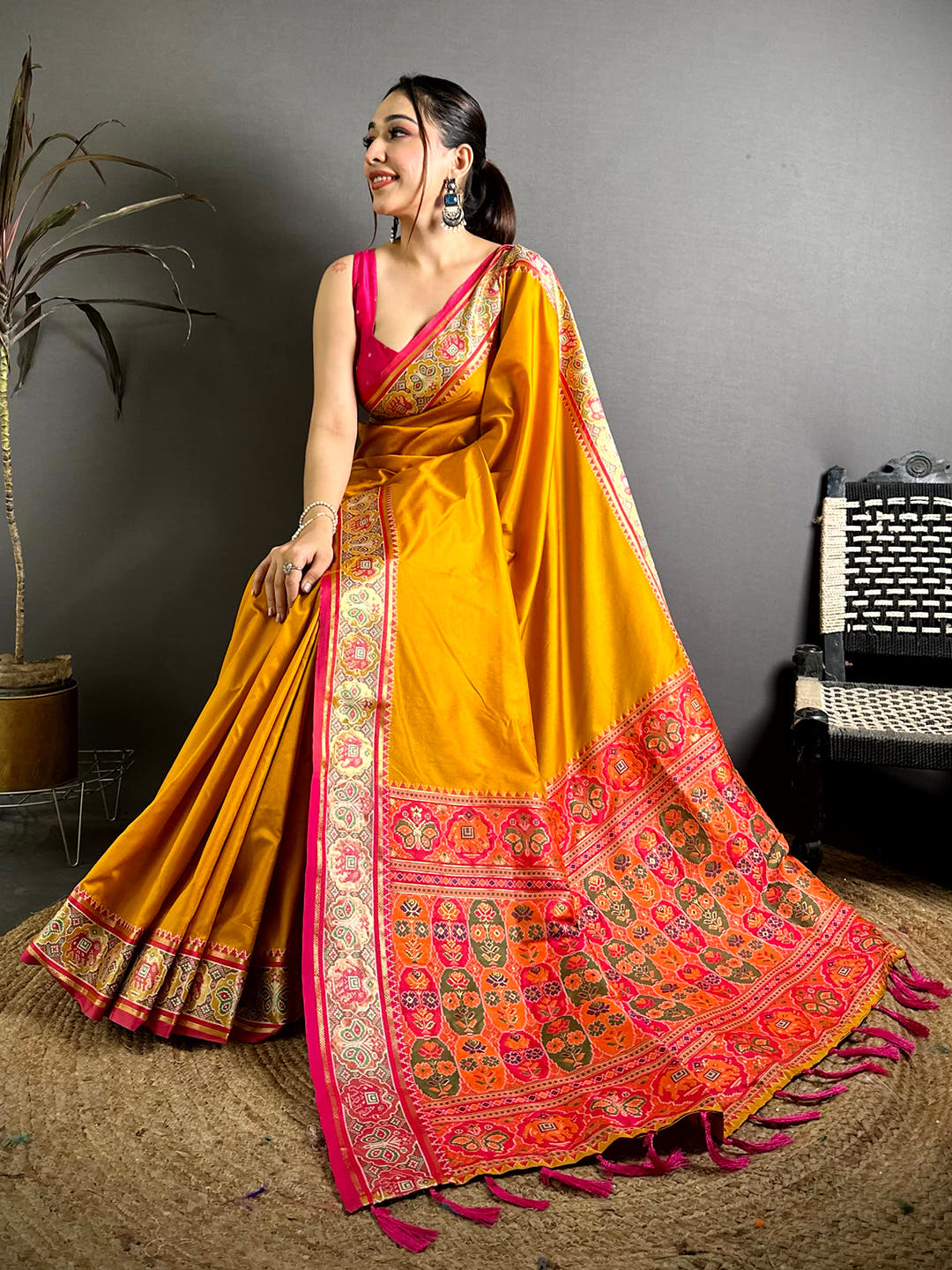Yellow Soft Silk Pochampally Ikkat Minakari Saree