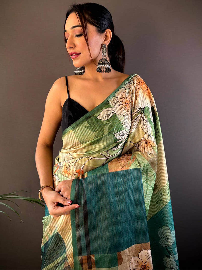 Pista Semi-Gold Zari Abstract Tussar Saree