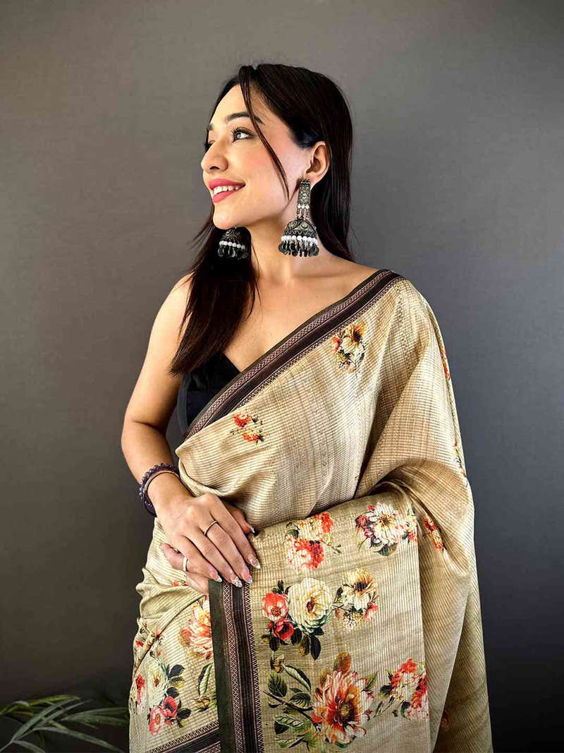 Floral Beauty in Beige Tussar Zari Saree