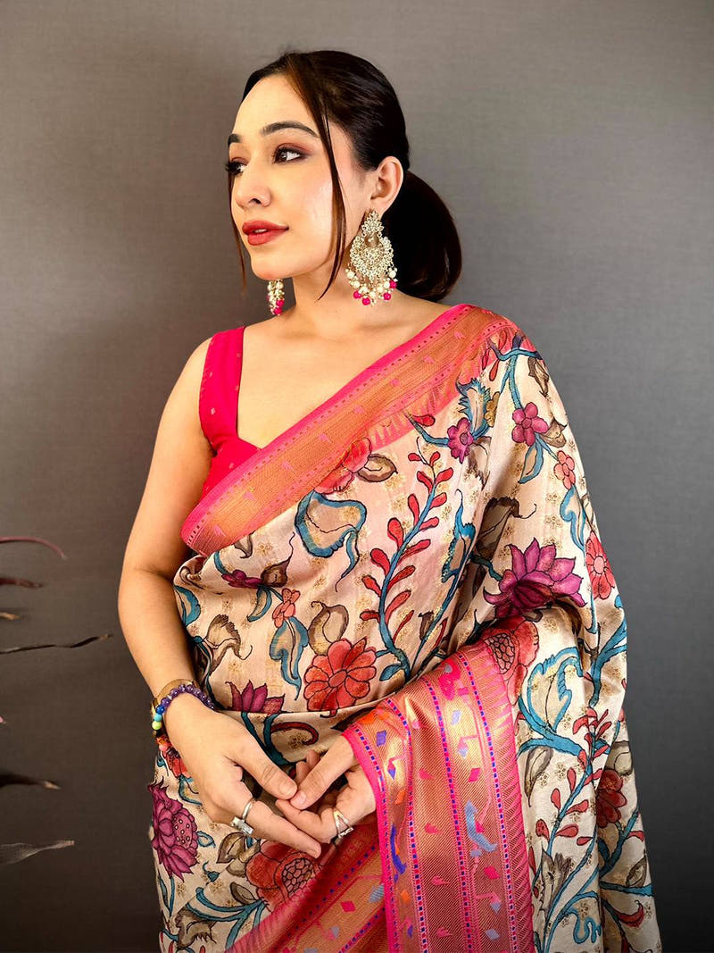 Cream Paithani Border Kora Tissue Saree