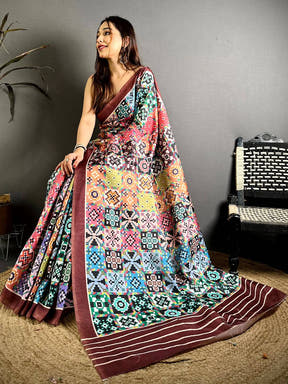 Multi Geometric Patola Ikkat Tussar Saree