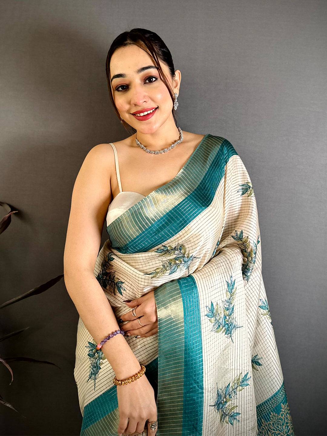 Rama Leaf Minakari Tussar Saree