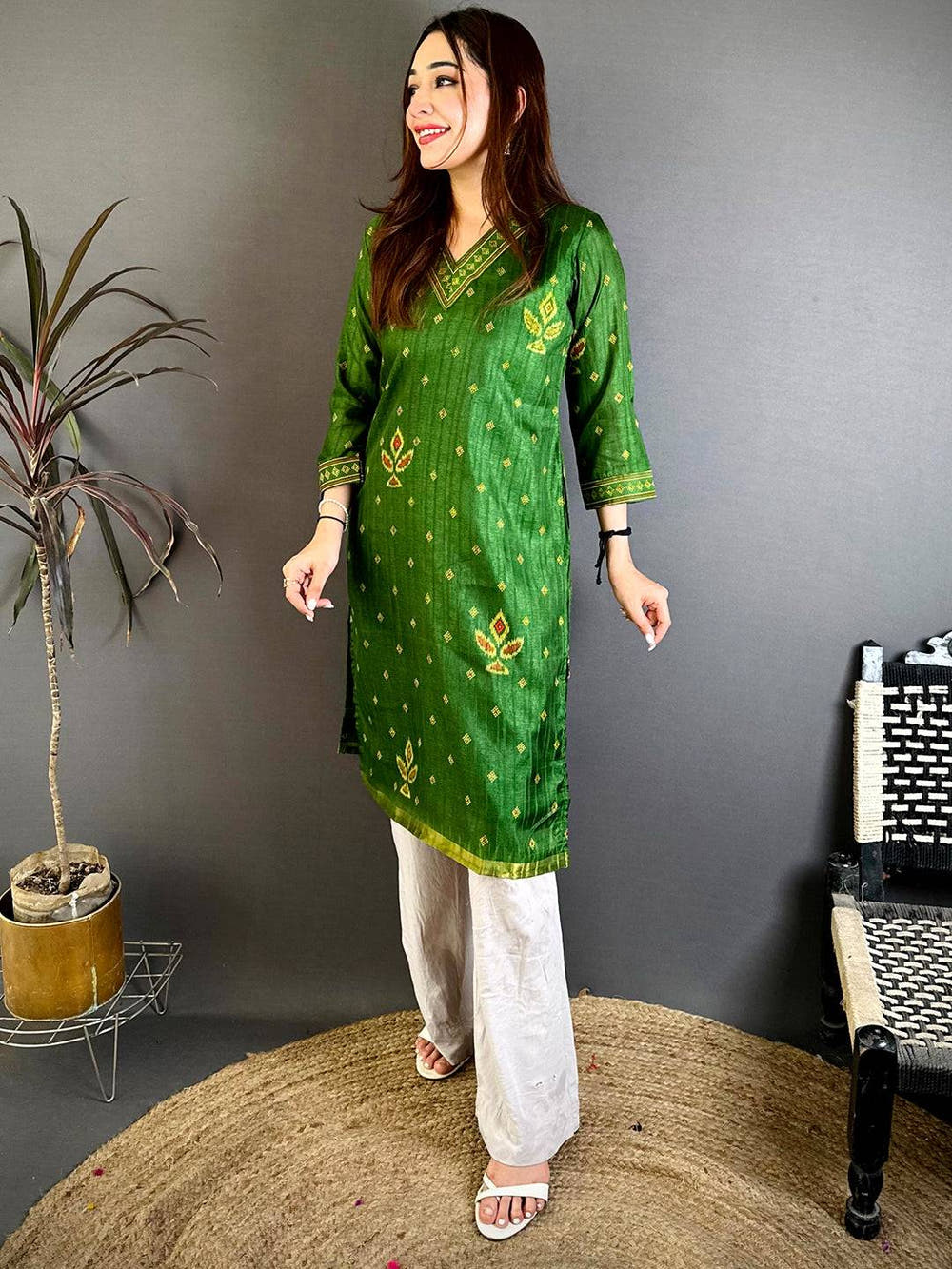 Graceful V Neck Tussar Ghicha Ethnic Kurti