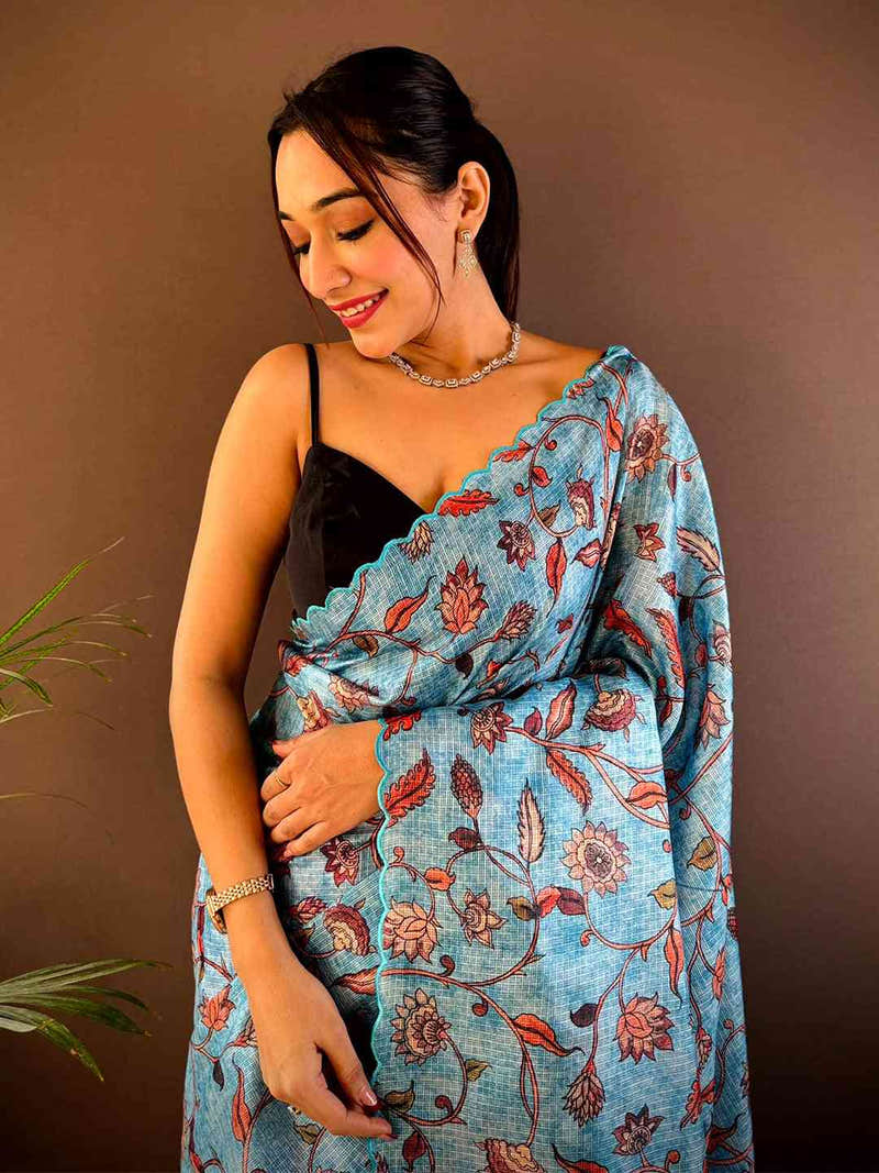 Blue Kota Doriya Kalamkari Saree