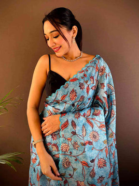 Blue Kota Doriya Kalamkari Saree