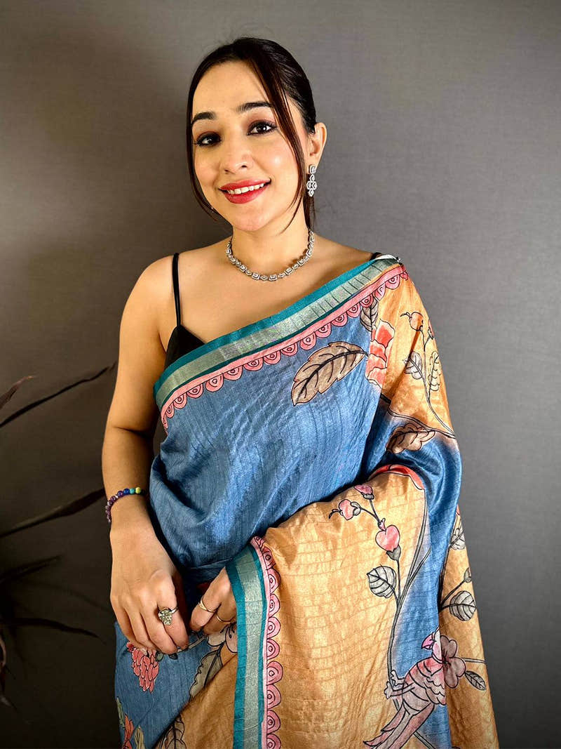 Vibrant Tussar Ghicha Digital Art Saree