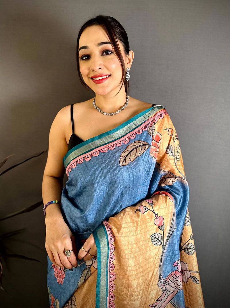 Vibrant Tussar Ghicha Digital Art Saree