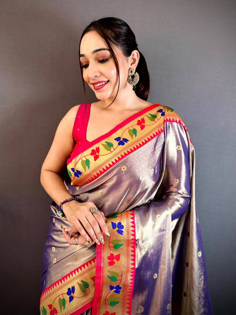 Royal Peach Zari Tissue Paithani Style Saree