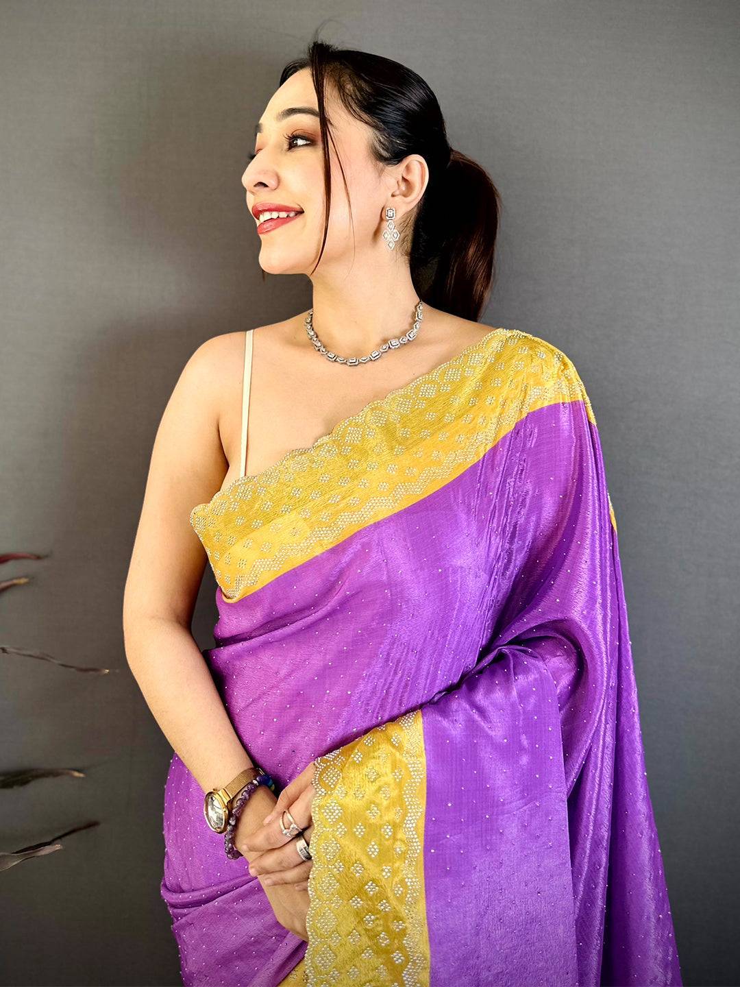Purple Poly Chiffon Diamond Stone Work Saree