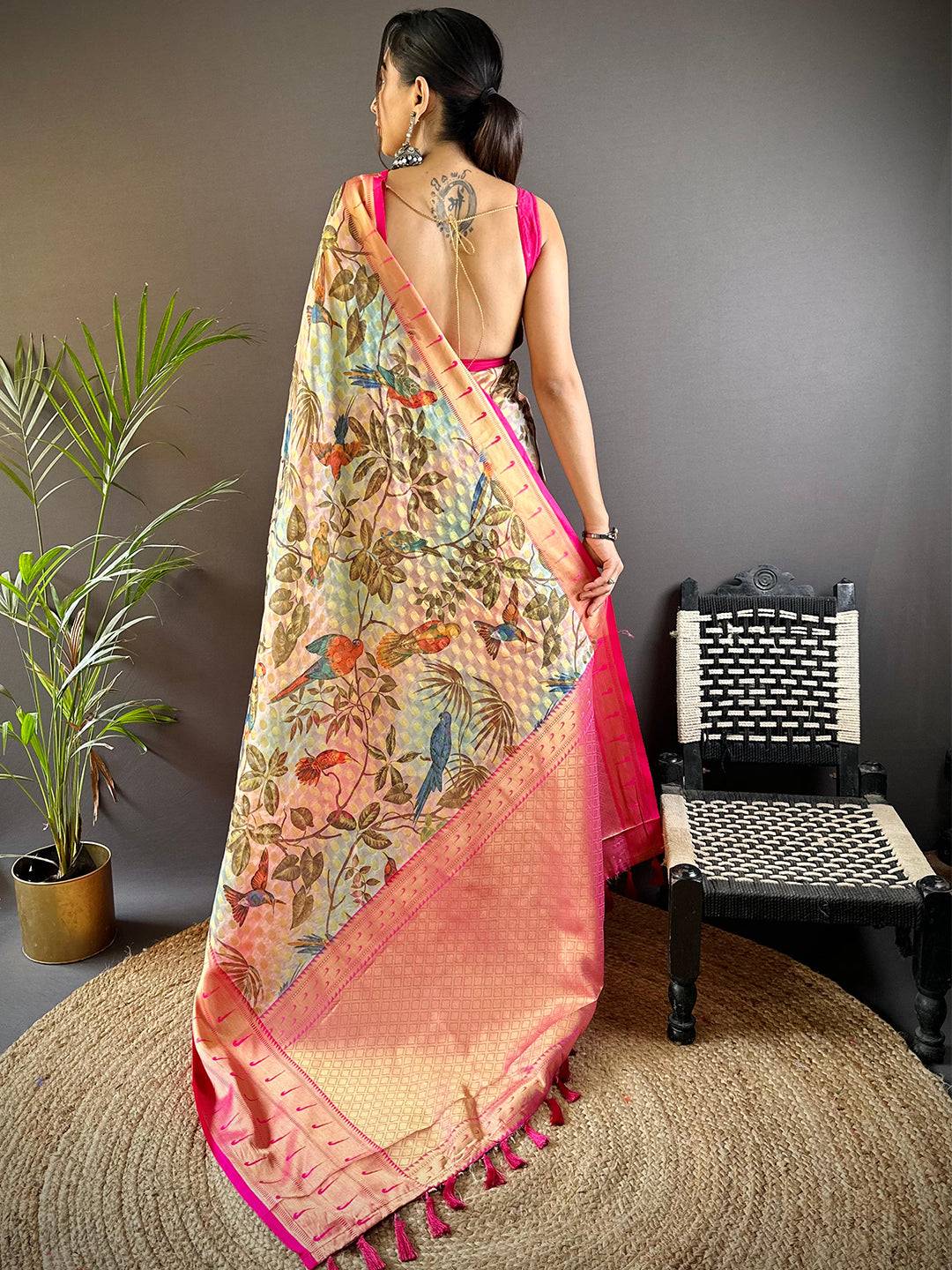 Tan Floral Paithani Kora Silk Saree