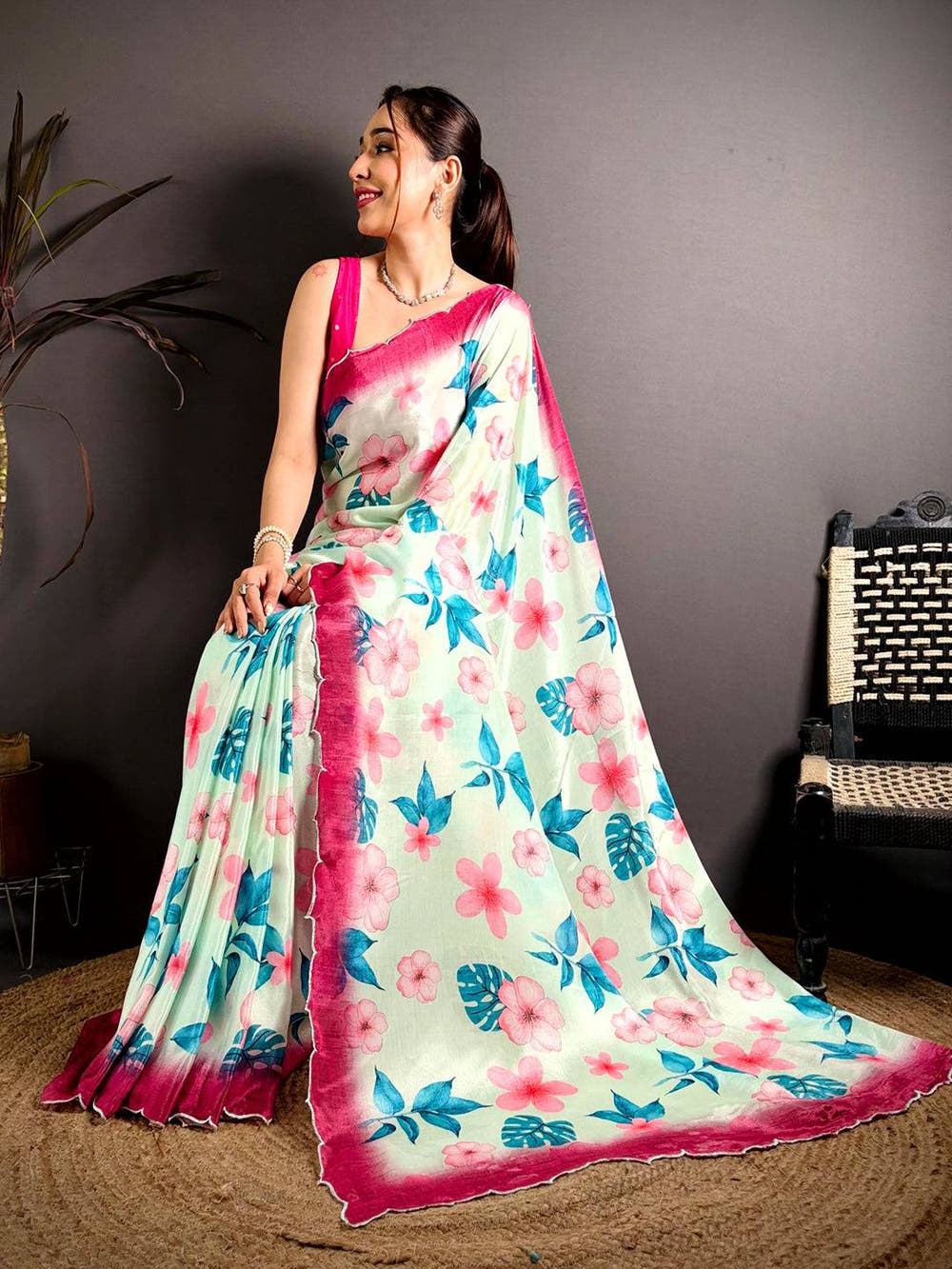 Mint Green Chinnon Embroidered Border Saree

