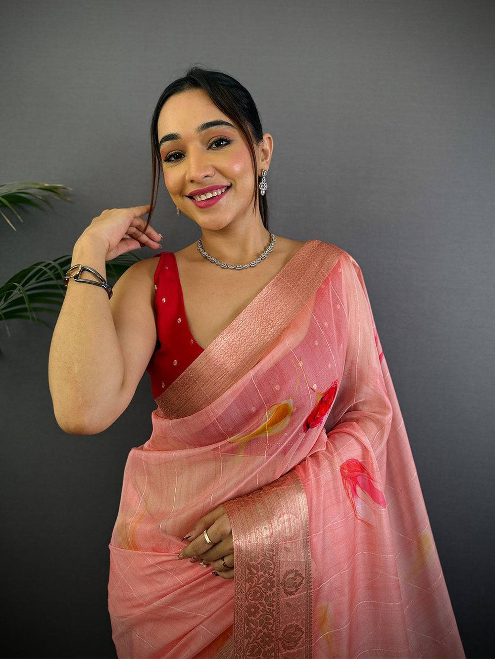 Blush Pink Soft Organza Digital Print Saree