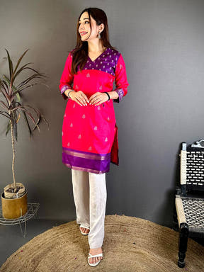 Opulent V Neck Soft Dola Ethnic Kurti