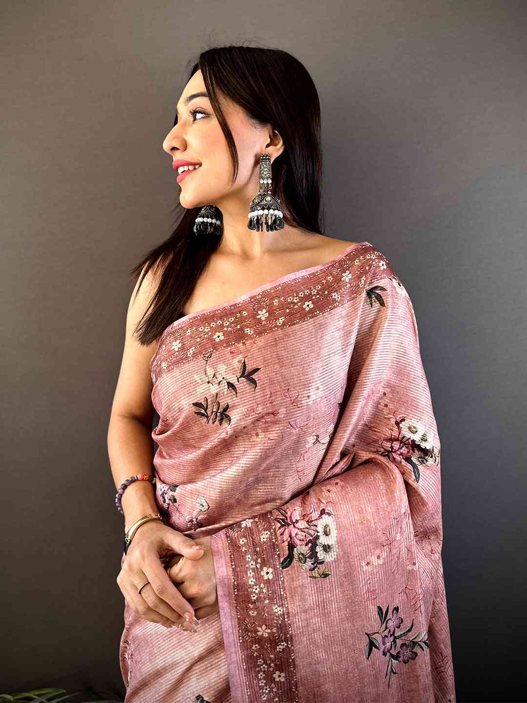 Pastel Pink Zari Tussar Floral Print Saree