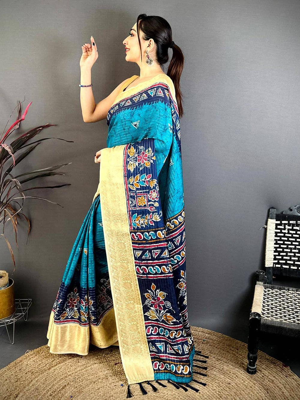 Teal Dola Kalamkari Zari Stripe Saree
