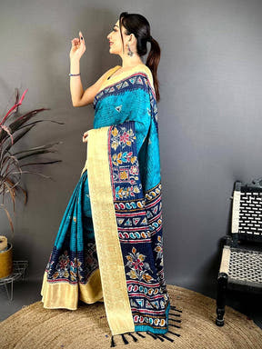 Teal Dola Kalamkari Zari Stripe Saree