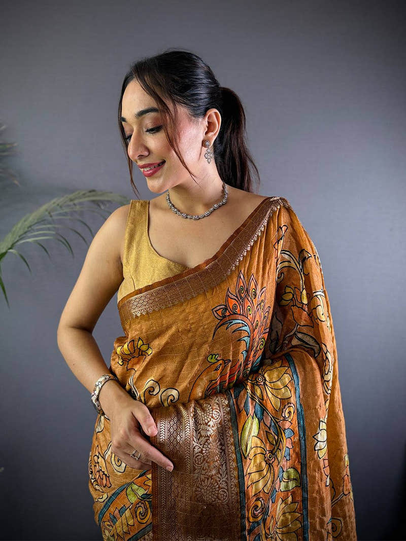 Bronze Kalamkari Printed Viscose Saree