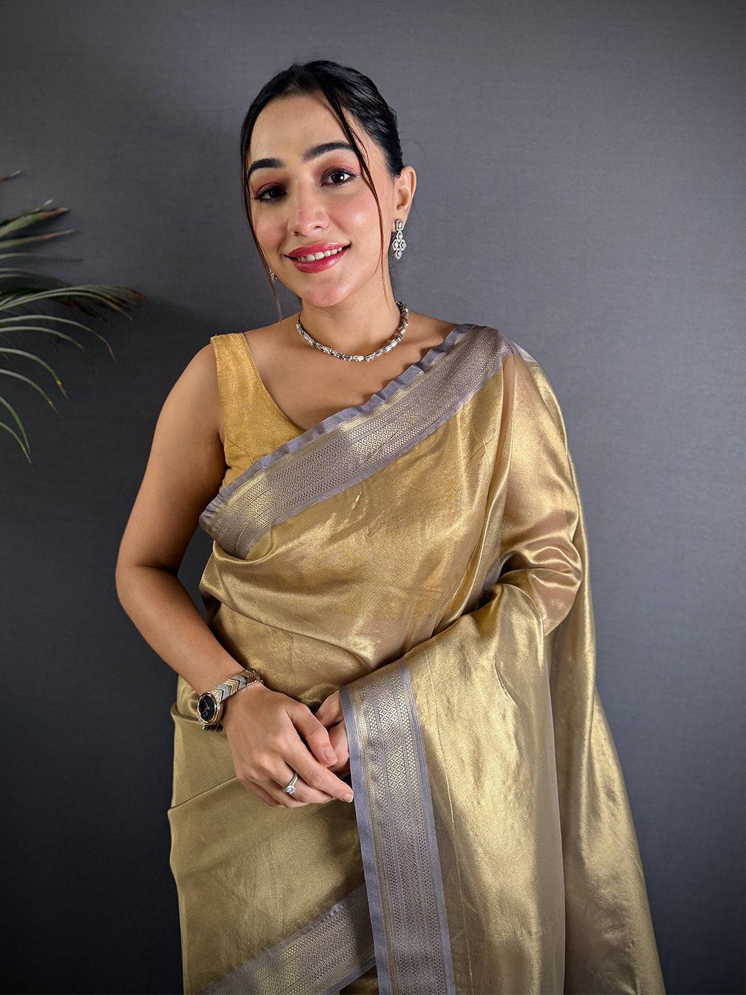 Radiant Lavender Gold Zari Tissue Saree

