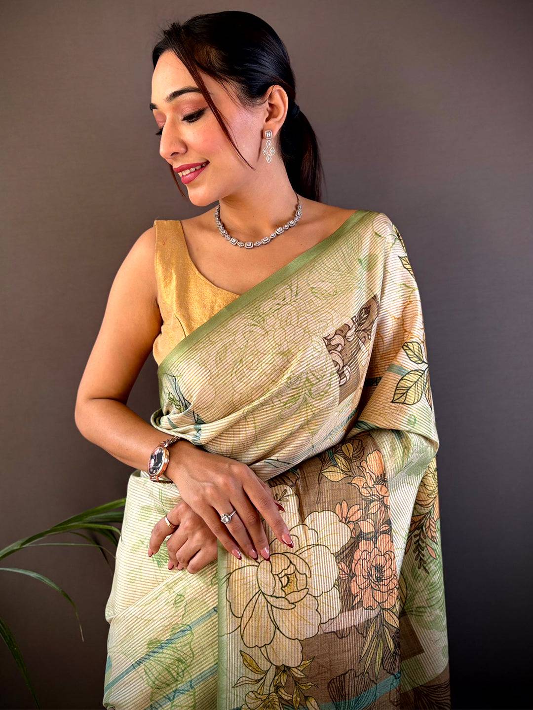 Mint Green Tussar Floral Saree