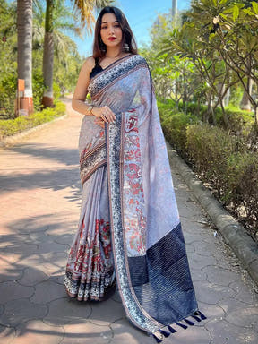 Lavender Satin Kota Doria Saree with Kalamkari Print