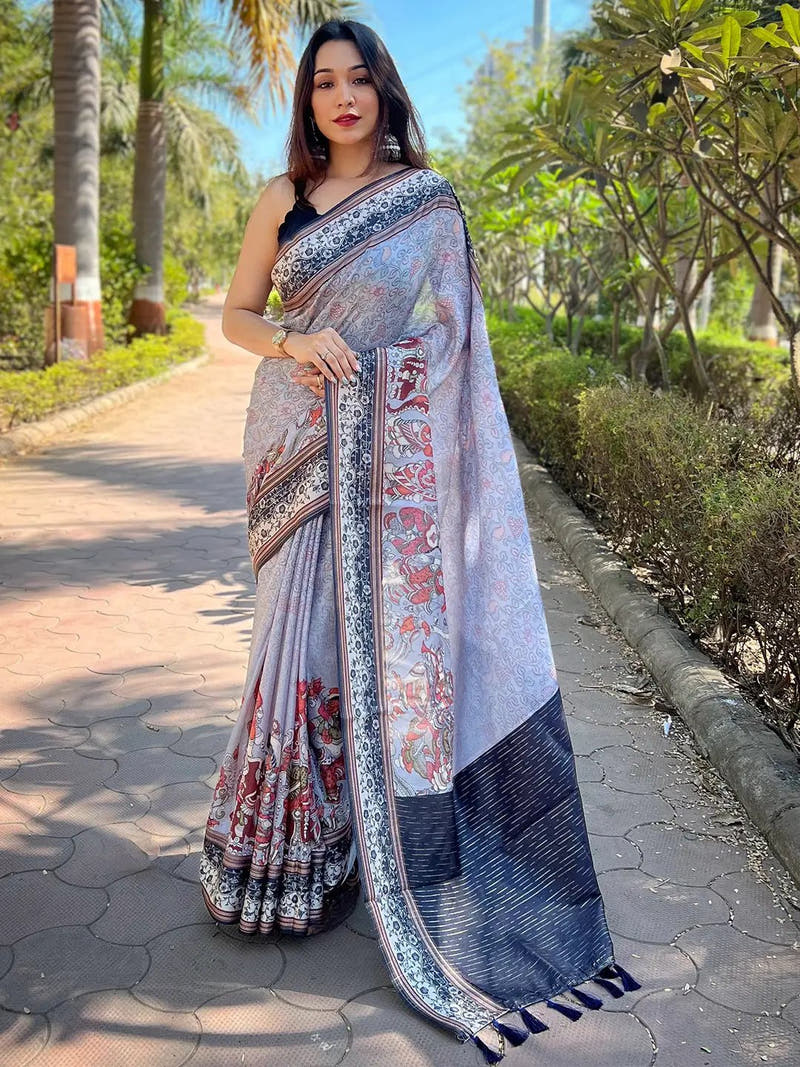 Lavender Satin Kota Doria Saree with Kalamkari Print